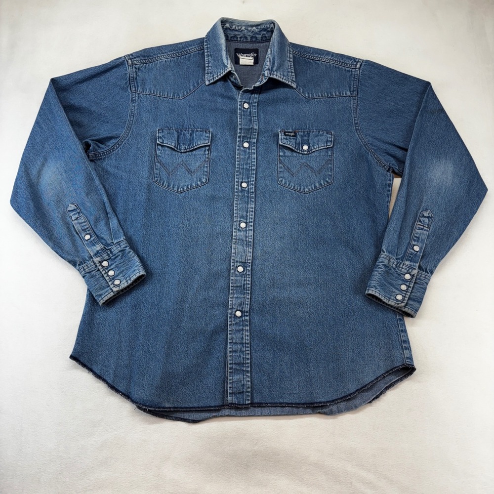Vintage Y2K Wrangler Western Denim Pearl Snap Long Sleeve Shirt Men's 17.5x36